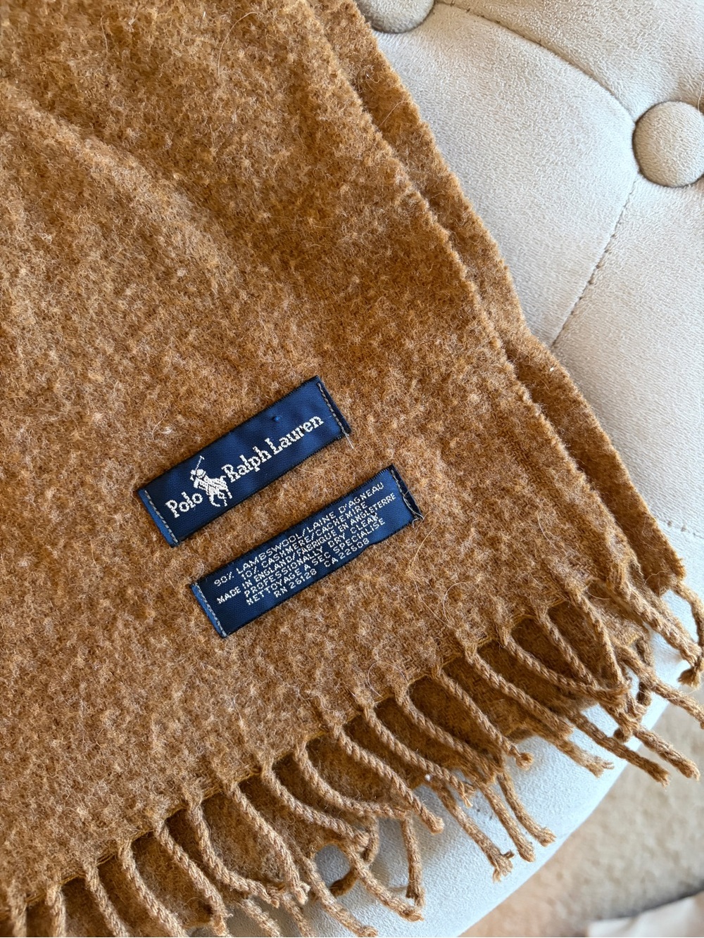 Polo by Ralph Lauren Vintage Camel Brown Wool Blend Fringe Scarf